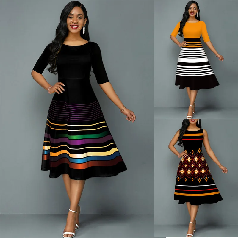 

Женское трикотажное платье в радужную полоску, с круглым вырезом и рукавом до локтя