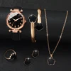 6PCs/Set Women's Watch Fashion Digital Leather Quartz Watch with Unique Flower Jewelry Set 2