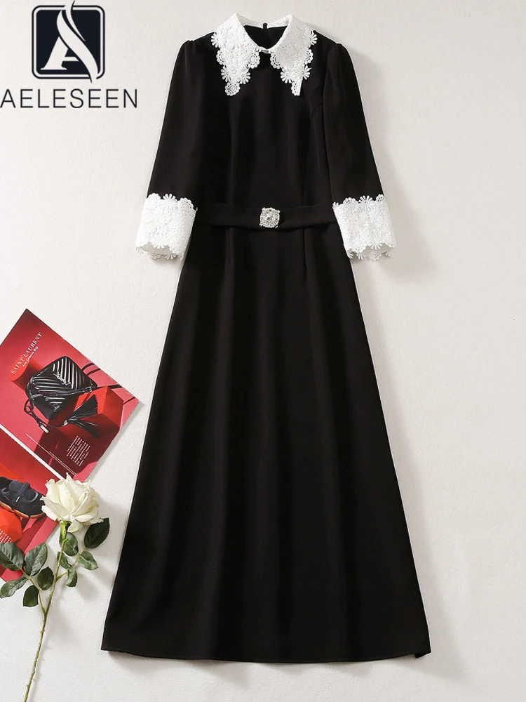 

AELESEEN High Quality Black Dress Women Half Sleeve Autumn Winter Turn-down Collar Lace Patchwork Crystal Belt Elegant Party