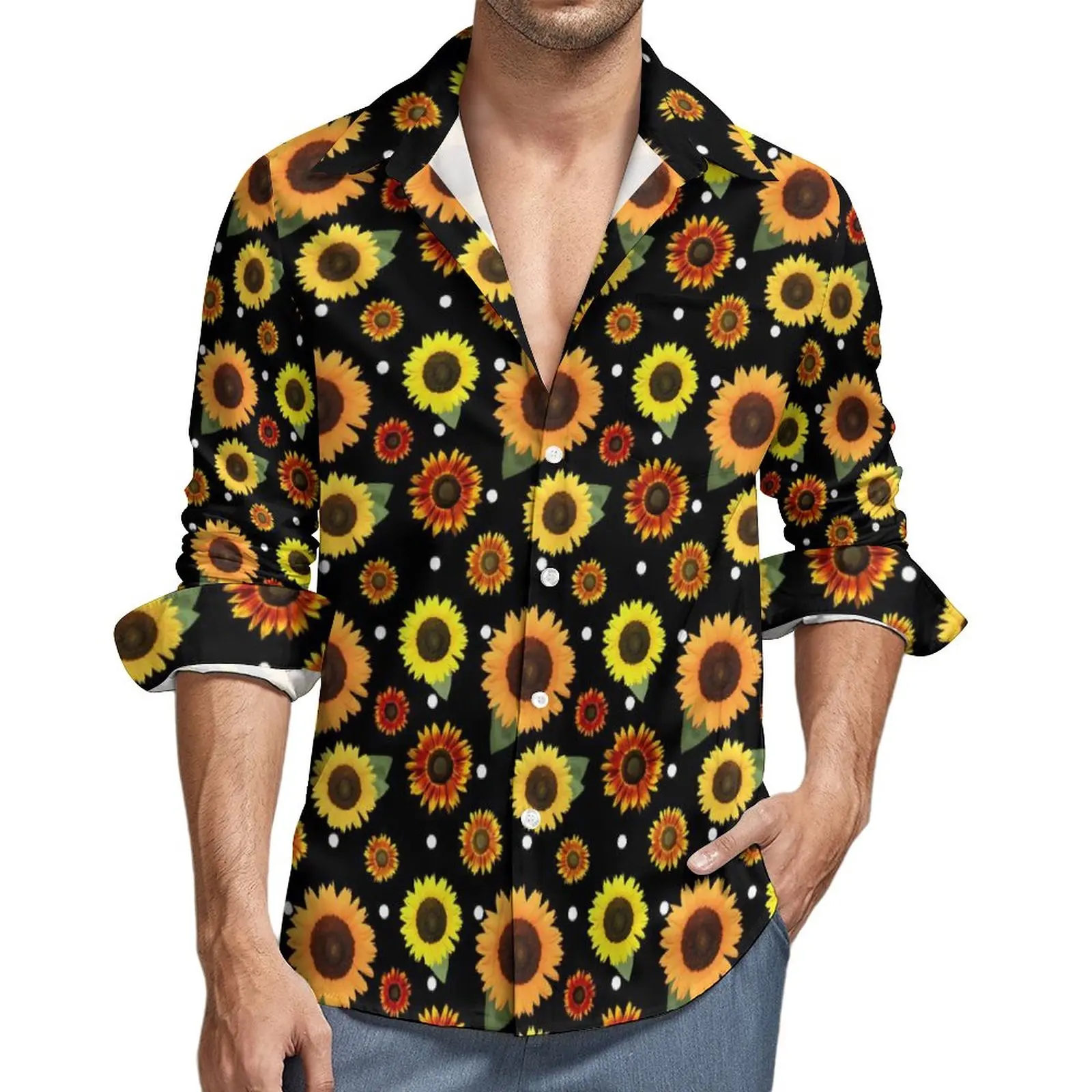 

Sunflowers Polka Dots Shirt Men Vintage Floral Casual Shirts Spring Y2K Design Blouses Long Sleeve Fashion Oversized Tops Gift