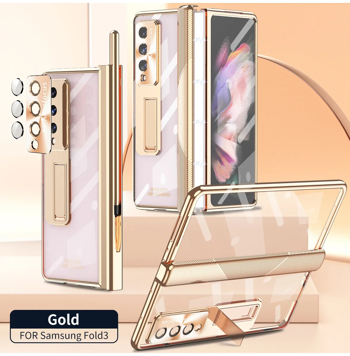 

With Pen Plating Clear Magnetic Case For Samsung Galaxy Z Fold 4 3 5G Full Screen Protector Transparent PC Kickstand Phone Cover