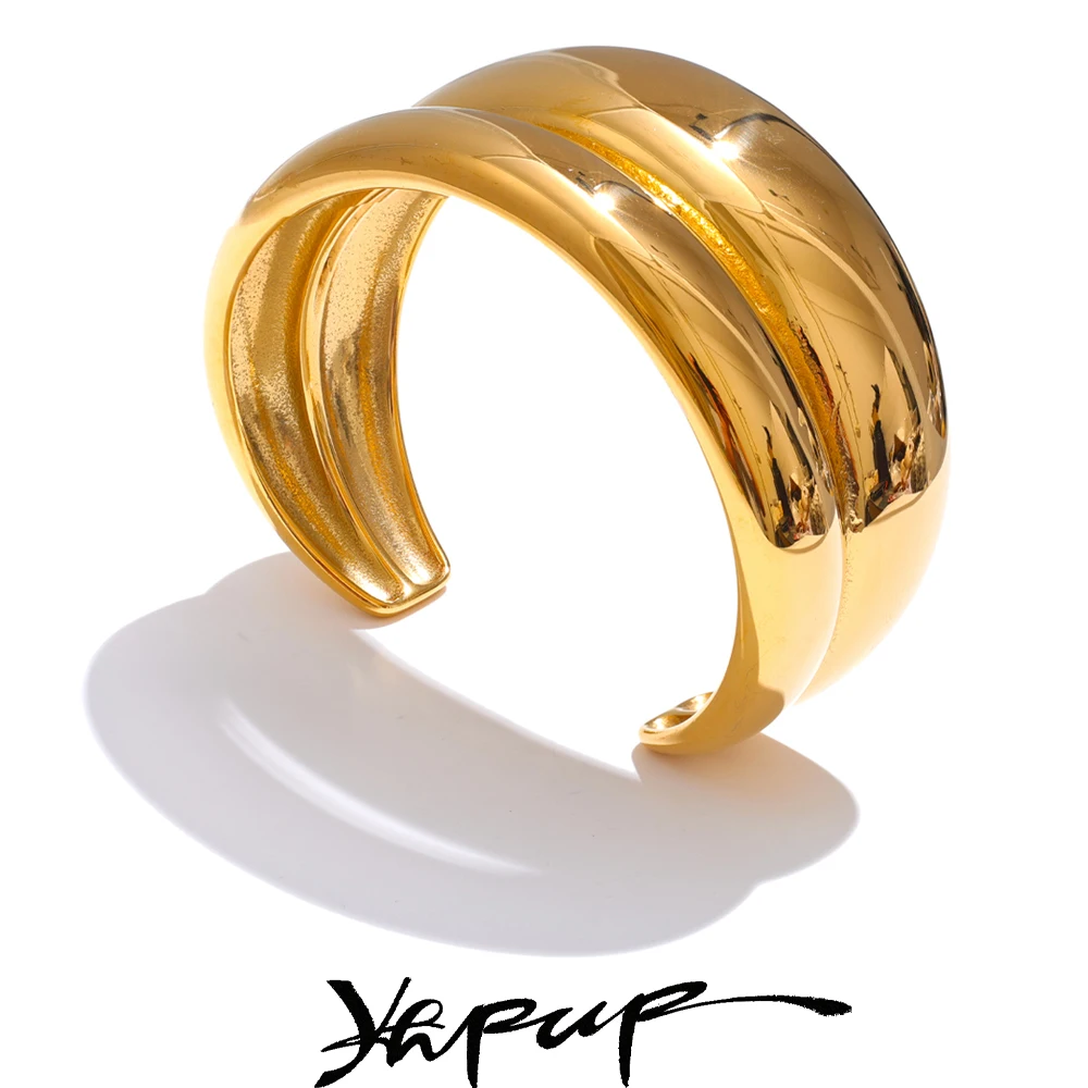 Yhpup 18K Golden PVD Plated Stainless Steel Double Layer Cuff Statement Bracelet