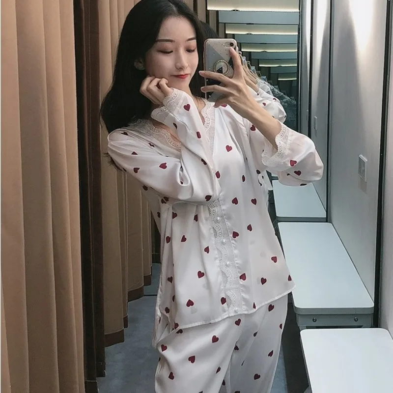 Sweet Silk Sleepwear Women Pajama Sets Lace Patchwork Long Sleeve Cardigan Pants Two Pieces Loungewear Heart Print Nightwear