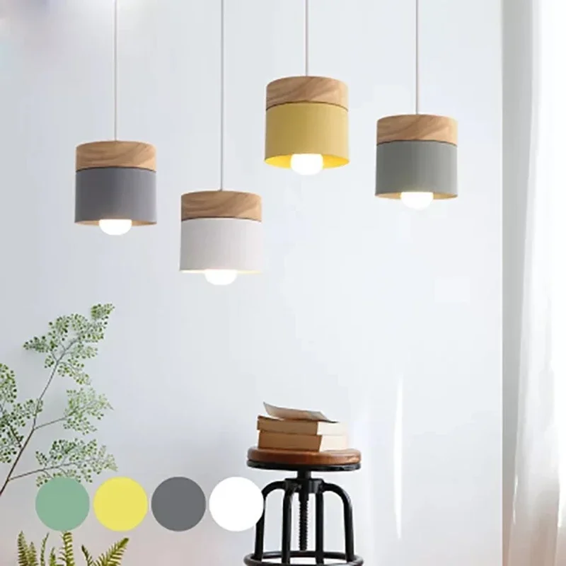 Pendant Light Nordic Led Minimalist Wooden Iron Hanging Lighting pendant lights pendant lamp Bedside Creative Restaurant Study Bar Macarons E27 Gray Lamps