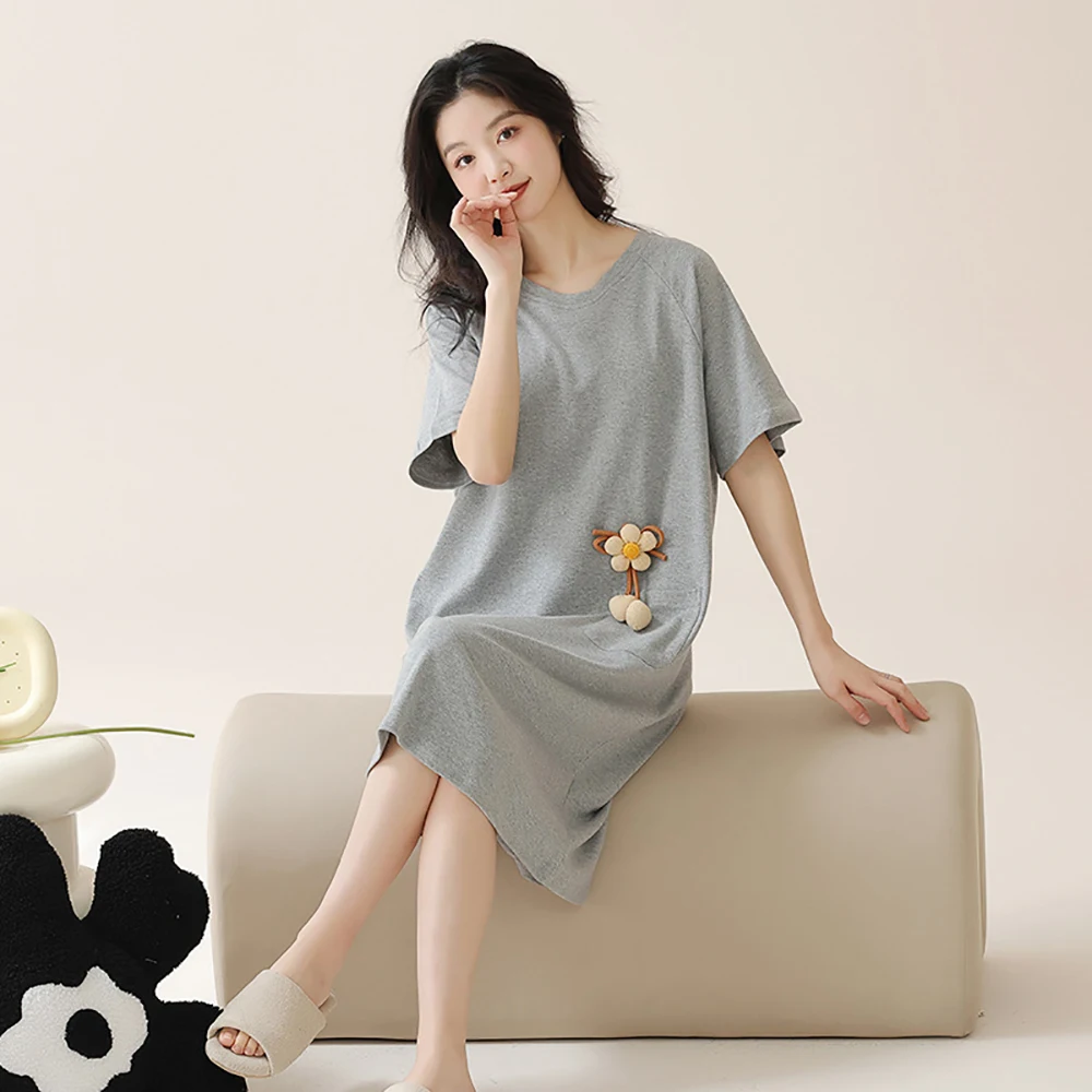 M-3XL Plus Size 100% Cotton Soft Sleepwear Women Summer Sweet Solid New Night Dress Anti Mite Antibacterial Pajamas Nightgowns