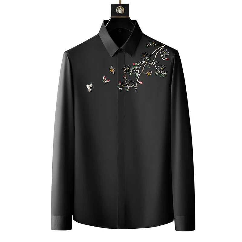 Mens Dress Shirt Flower And Bird Embroidered Luxury Men's Long Sleeve Spring And Autumn Slim Fit Anti Wrinkle Trend Evening Dress Top