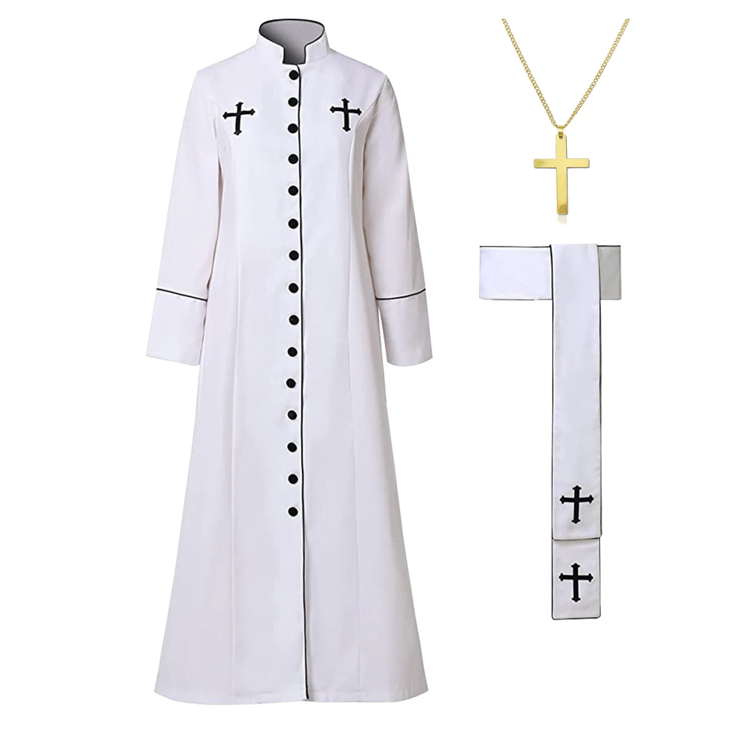 thumbnail image 1 of Disfraz de sacerdote para hombre, túnica de pastor, sotana romana con cinturón de cuello alto y collar con cruz, traje de uniforme para fiesta de carnaval de Halloween, 1 of 4