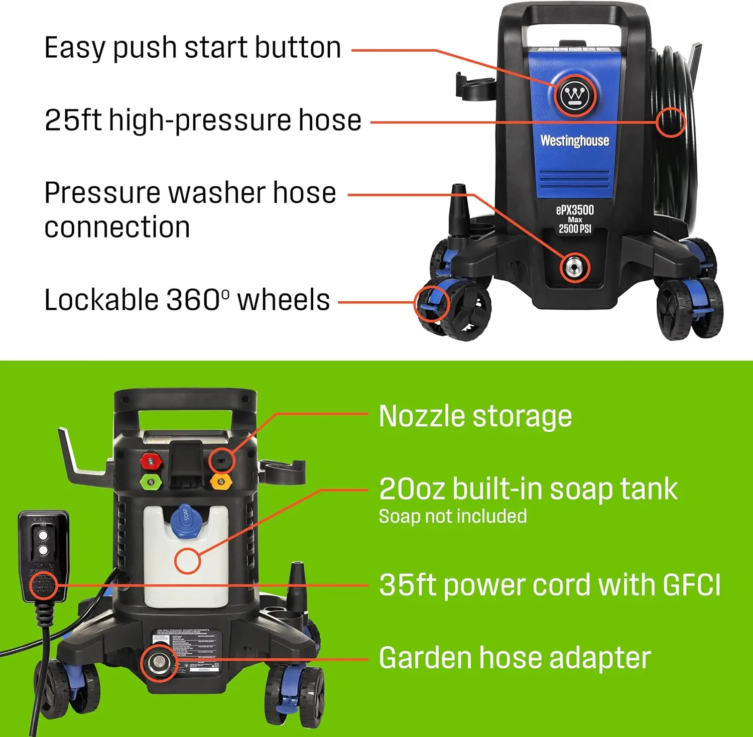 ePX3500 Electric Pressure Washer, 2500 Max PSI 1.76 Max GPM with Anti-Tipping Technology, Onboard Soap Tank, Pro-Style Steel
