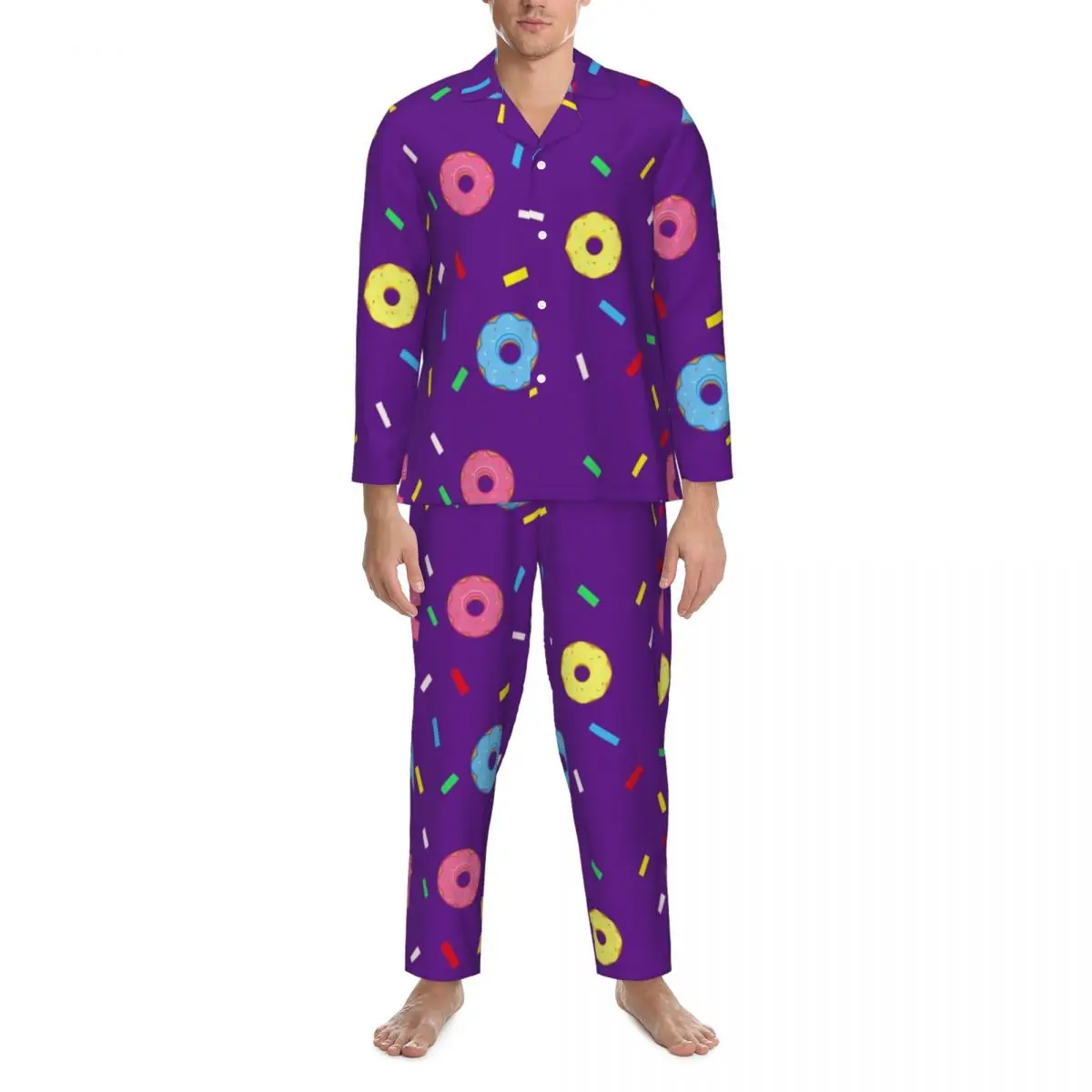 

Rainbow Doughnut Pajamas Men Cute Food Print Fashion Daily Nightwear Autumn 2 Pieces Aesthetic Oversized Design Pajama Sets