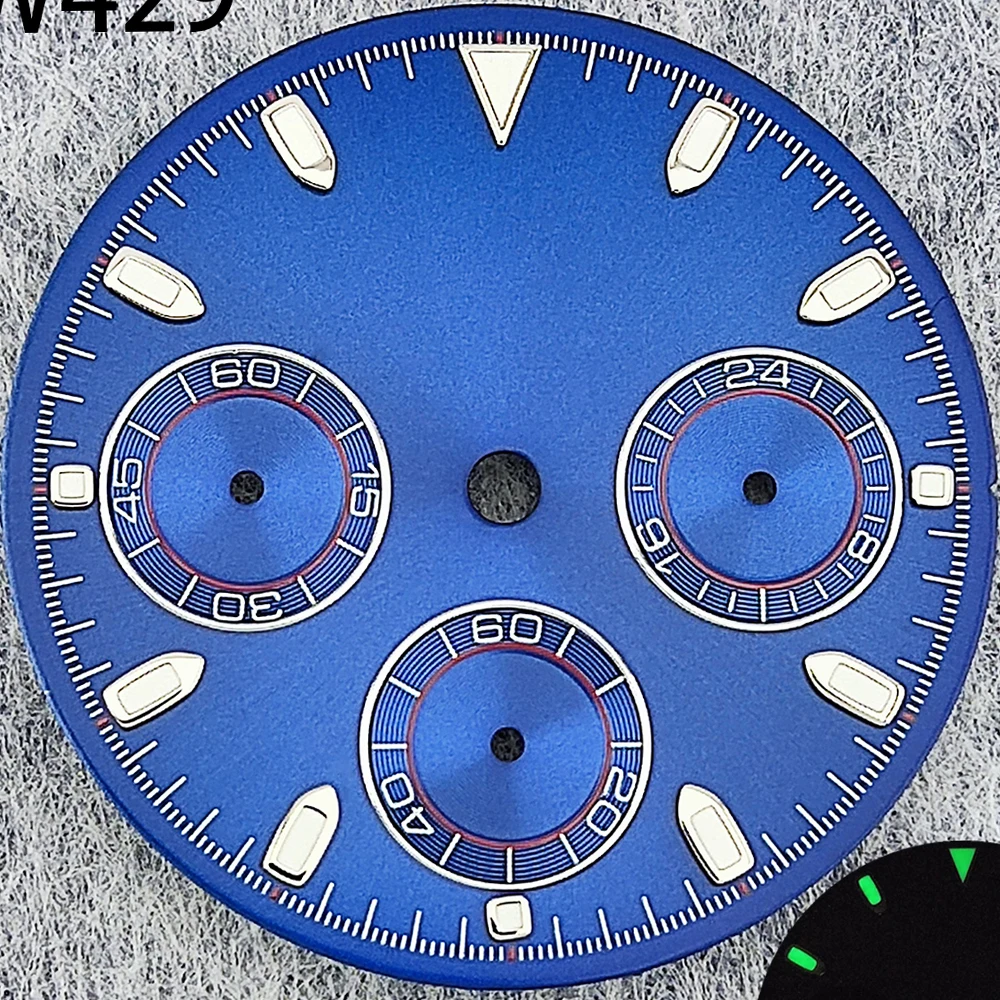 29.5mm Green Luminous Chronograph Dial with 6 Hands for Quartz Movement Watches