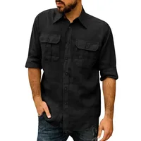 Chemise en coton et lin pour hommes, manches longues, couleur unie, hauts décontractés, revers, Double poche, chemise classique, vêtements tendance pour hommes 5