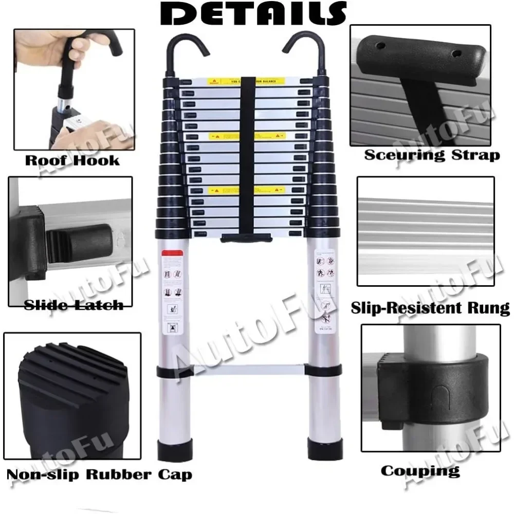Folding Ladder 6.2M 20.3ft Aluminum Telescoping Ladder DIY Heavy Duty Extension Ladder with Roof Hook Kit Loft Folding Portable Max