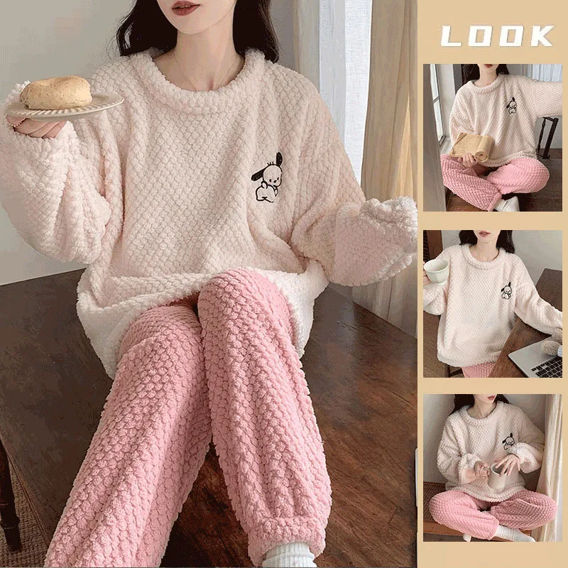 

Kawaii Sanrio Pochacco Pajamas Pants Cartoon Cute Girls Round Neck Loose Fitting Leisure Comfort Plush Kids Toys Two Piece Set