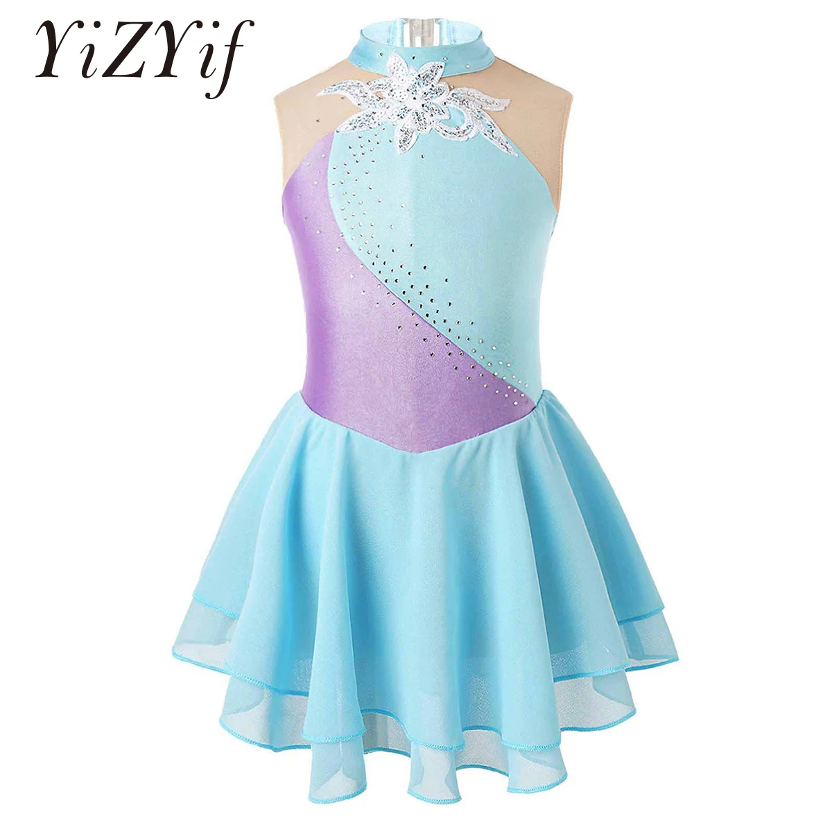 

Floral Figure Ice Skating Dress for Girls Kids Sequins Rhinestone Ballet Dance Dress Teens Gymnastics Leotard Lyrical Dancewear