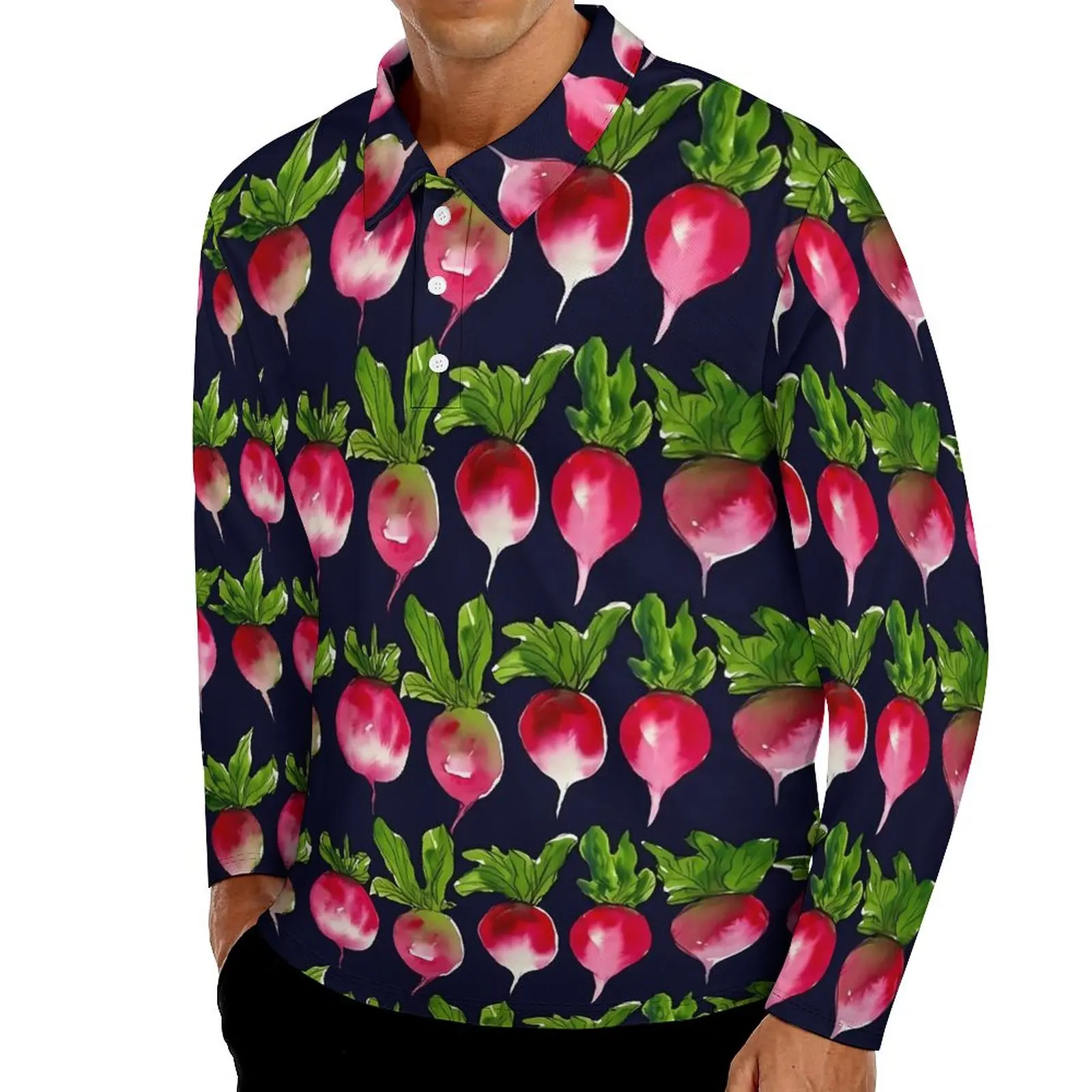 

Watercolor Radishes Polo Shirts Mens Cute Vegetable Casual Shirt Autumn Trending Collar Long Sleeve Printed Oversized T-Shirts