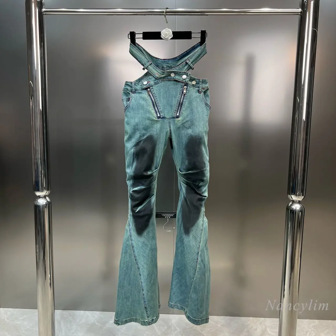 

Autumn 2023 Split Waist Hollow-out Multi-Buckle Zipper Jeans Women Distressed Color Denim Hot Girl Bootcut Trousers Y2k Jeans