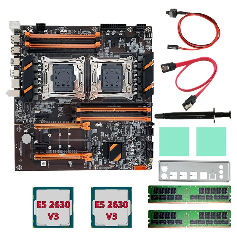 

X99 Dual CPU Motherboard +2XE5 2630 V3 CPU+2XDDR4 4G RECC RAM+SATA Cable+Baffle LGA 2011 8XDDR4 Slot Support 2011-V3 CPU
