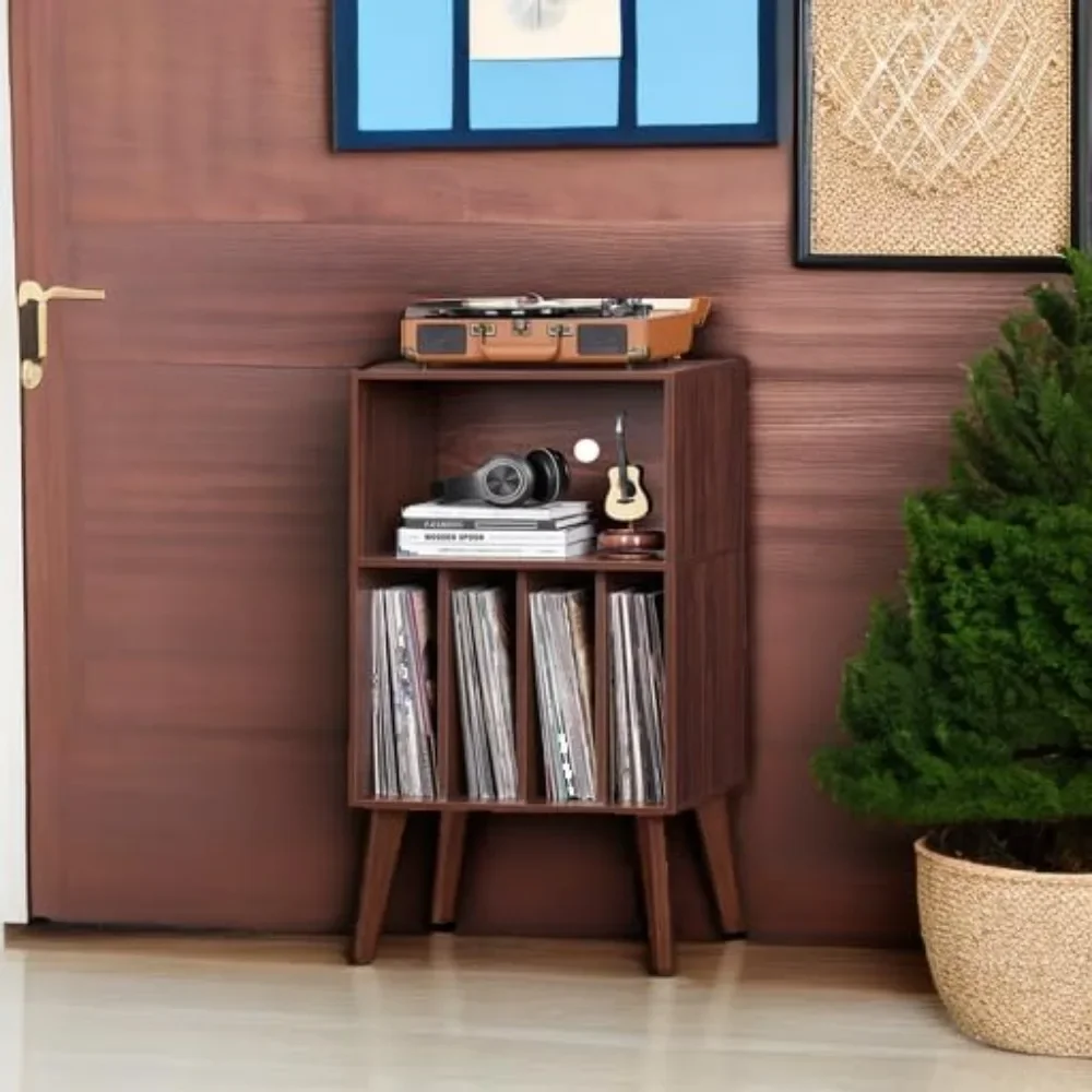 Record Player Stand, Walnut Turntable Stand Holds up to 160 Albums, Mid-Century Vinyl Storage Cabinet Table with Solid Wood Leg