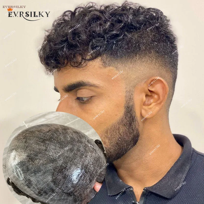 20mm Curly Silicone Full PU Super Durable Skin 100% Human Hair Black/Brown Men's Toupee Microskin Prosthesis System Hairpieces human hair toupee