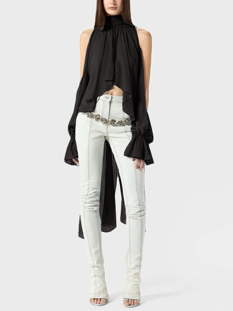 Nibber Basic Sexy Halter Irregular Hem T-Shirt Women Autumn Trend Bandage Hollow Butterfly Sleeve Slim Midnight Party Streetwear