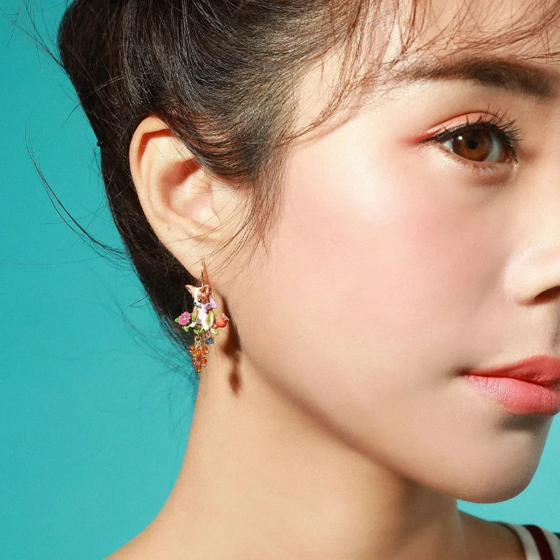 Cute Exquisite Fashion Enamel Glazed Chihuahua Puppy Dog Flower Wheat Glass Tassel Asymmetric Earrings Ear Studs Clip Japanese