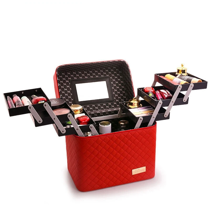 Professional Women Large Capacity Makeup Fashion Toiletry Cosmetic Bag Multilayer Storage Box Portable Make Up Suitcase