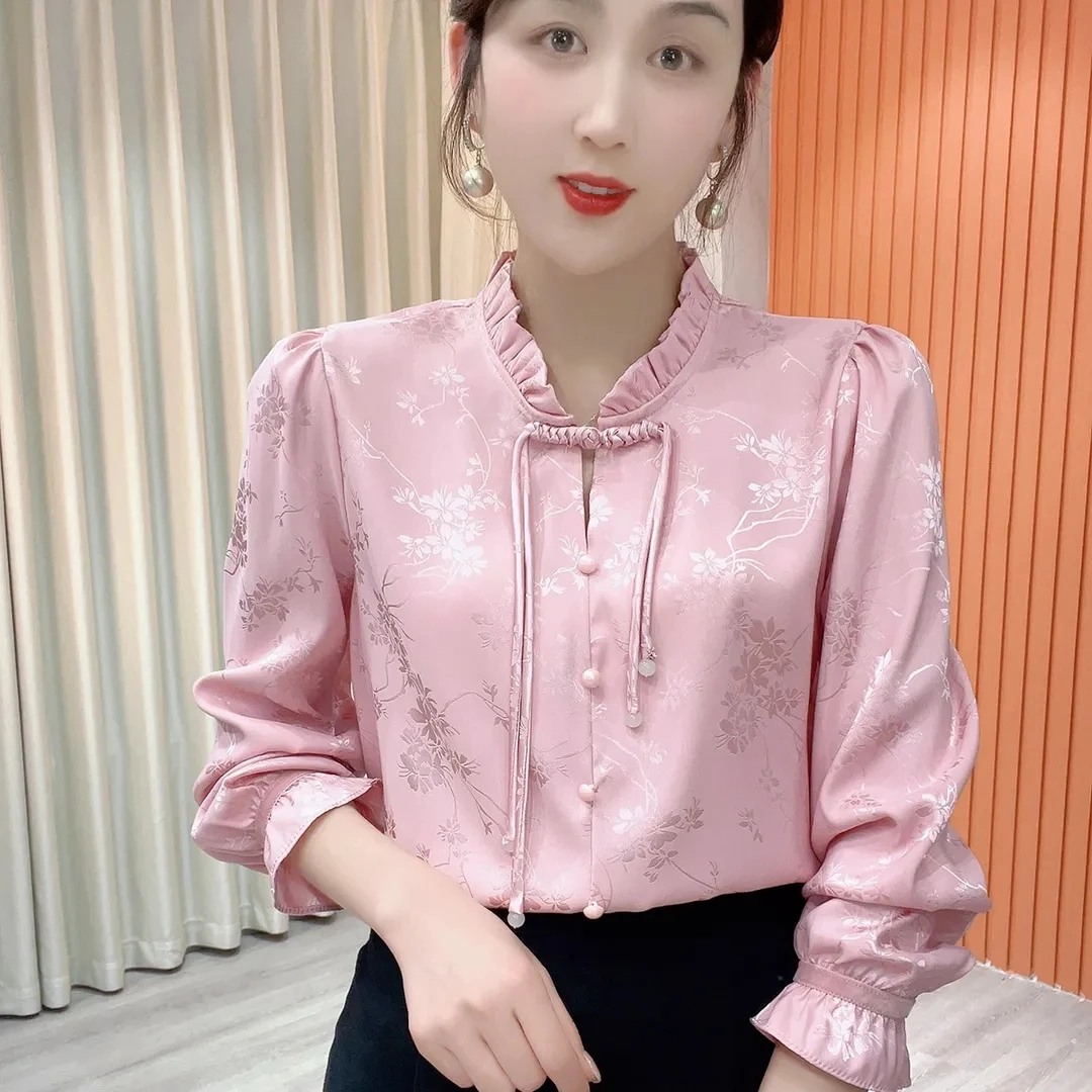 

Spring 2024 New Chinese Style National Style Shirt Women's Sashion Long Sleeve Satin Jacquard Design Retro Elegant Top for Women