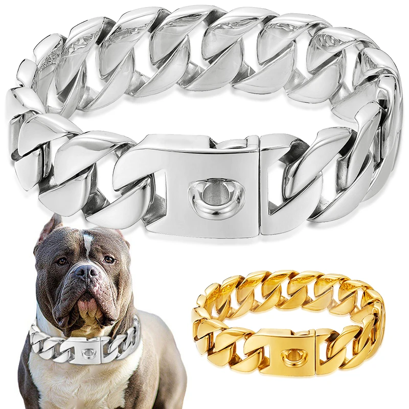 

32mm Wide Gold Dog Chain Collar for Large Dogs Heavy Strong Stainless Steel Chew Proof Pet Chains Collars