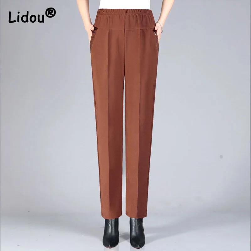 Loose Straight Elastic Waist Ankle-length Pants Vintage Black Coffee Colour Pockets Embroidered Flares Decorate Leisure Pants