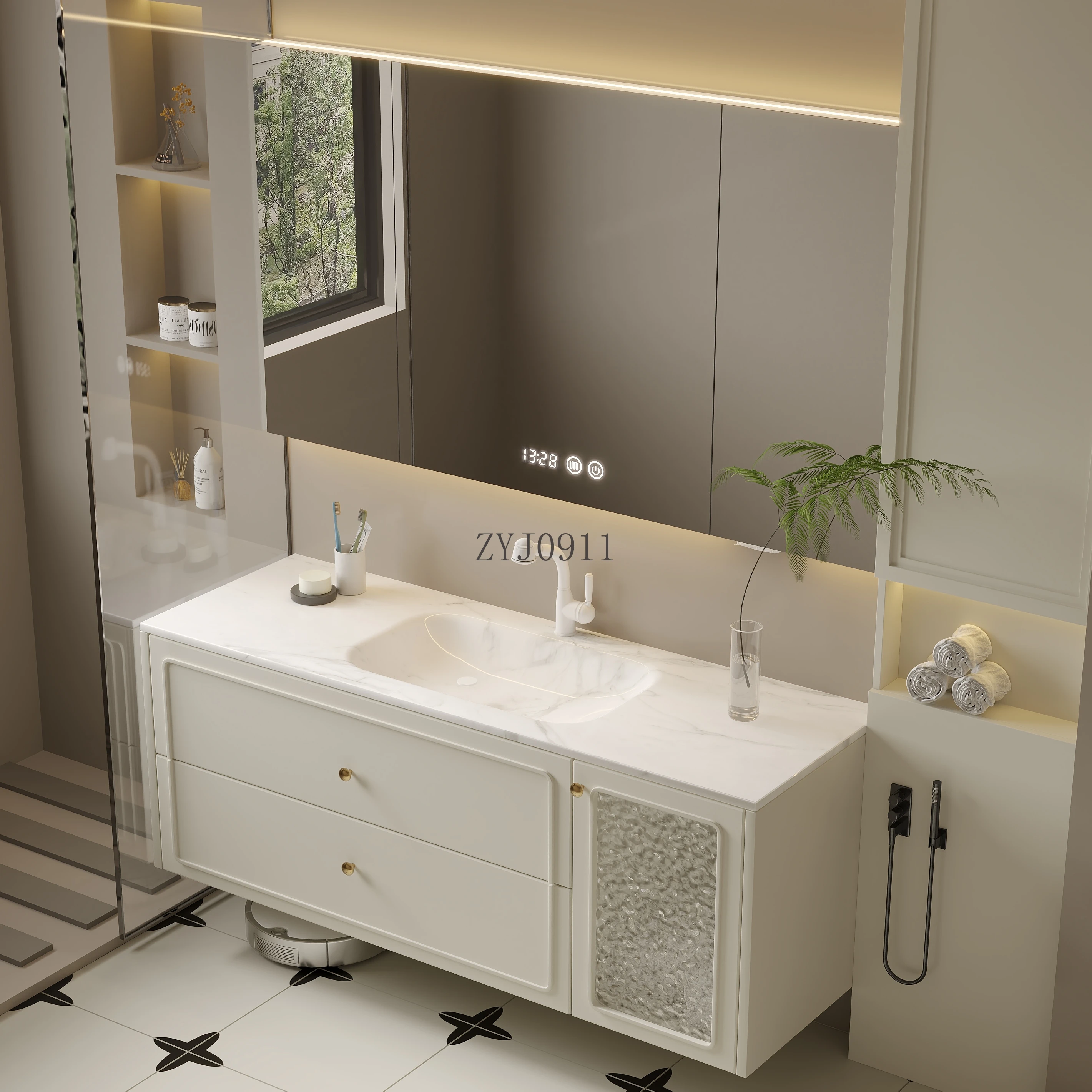 *French cream wind bathroom cabinet combination rock slab hot bending integrated basin oak washstand