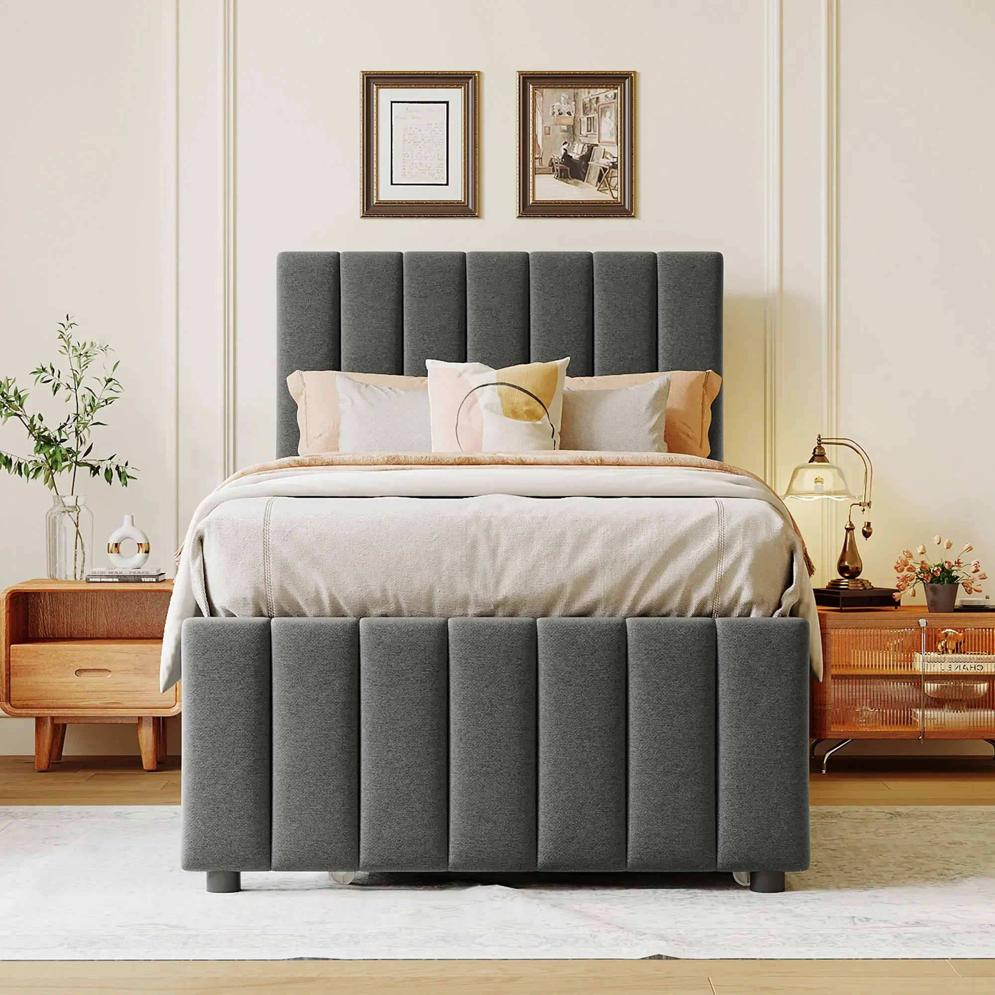 

Twin Size Upholstered Platform Bed with Trundle and 3 Drawers, Linen Fabric, Gray