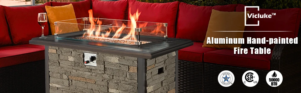 Description Picture 2 of item44 Inch Aluminum Propane Fire Pit Table W/Faux Ledgestone, Hand-Painted Table Top, 50,000 BTU Fire Table, Wind Guard, Waterproof