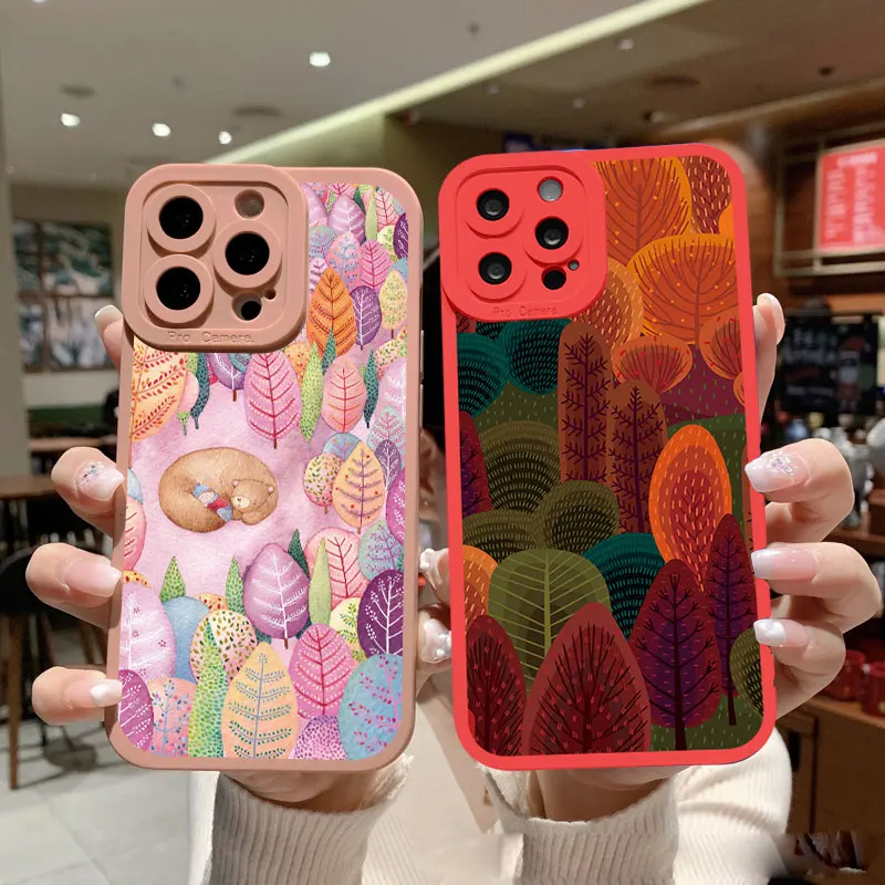 

Colorful Tropical Forest Leaves Trees Hand Printed Phone Case For iphone 11 7 8 Plus 12 13 14 Pro Max X XS XR Soft Silicon Cover