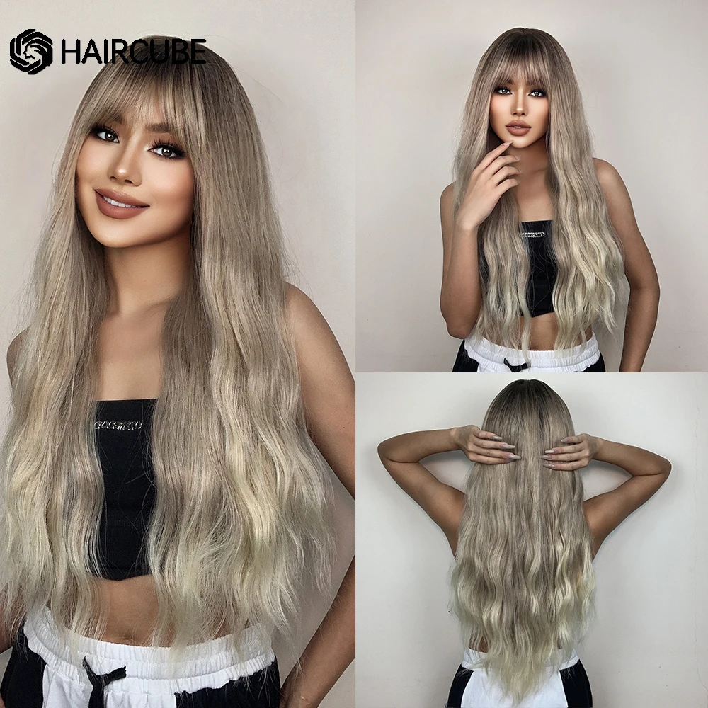 

HAIRCUBE Ombre Brown to Blonde Synthetic Wigs Long Wavy Hair With Bangs for Afro Women Natural Hair Daily Heat Resistant Wigs