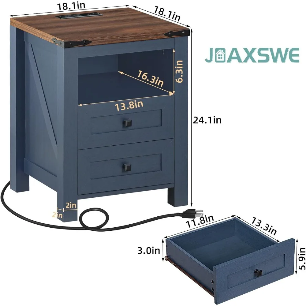 Nightstand with Charging Station, Farmhouse Night Stand with 2 Drawers and Shelf Storage, Blue Wooden Side End Table, Bedside Ca