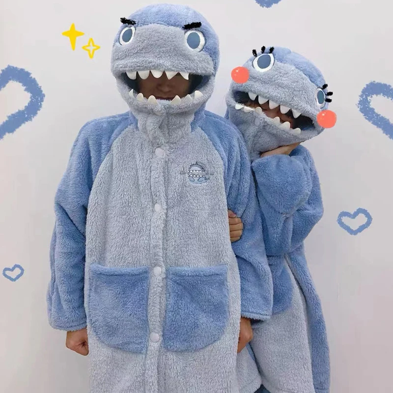Blue Shark Pajama Pants Set Funny Casual Night-robe Holiday Party Costume Hooded Flannel Clothing Unisex Home Wear For Couples