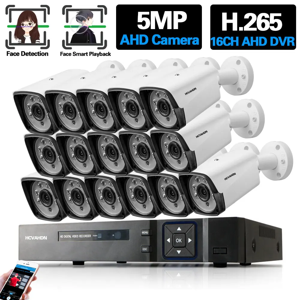 HD 5MP 16 Channel DVR Kit H.265 AHD CCTV Camera Security System Kit 16CH Outdoor Waterproof Analog Camera Video Surveillance Set