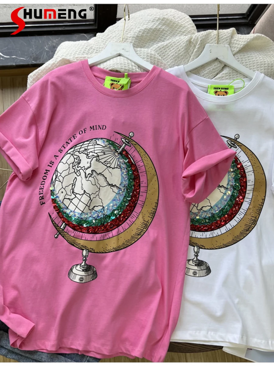 Ropa holgada de coreano mujer, camisetas con lentejuelas bordadas rosas personalizadas, con estampado de instrumento de tierra, de verano 2022| | AliExpress