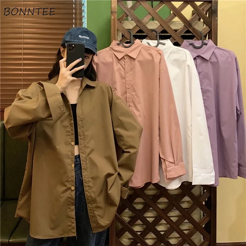 

Shirts Women Long Sleeve Solid Fashion Korean Style Casual Spring Streetwear Harajuku Vintage All-match College Students Daily