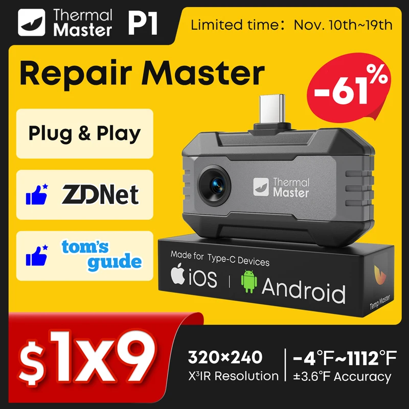 กล้องถ่ายภาพความร้อน P1 รุ่น 1112 ℉   กล้องถ่ายภาพความร้อนสำหรับตรวจสอบบ้าน ความละเอียด 320*240 X³IR สำหรับโทรศัพท์ iOS และ Android 1