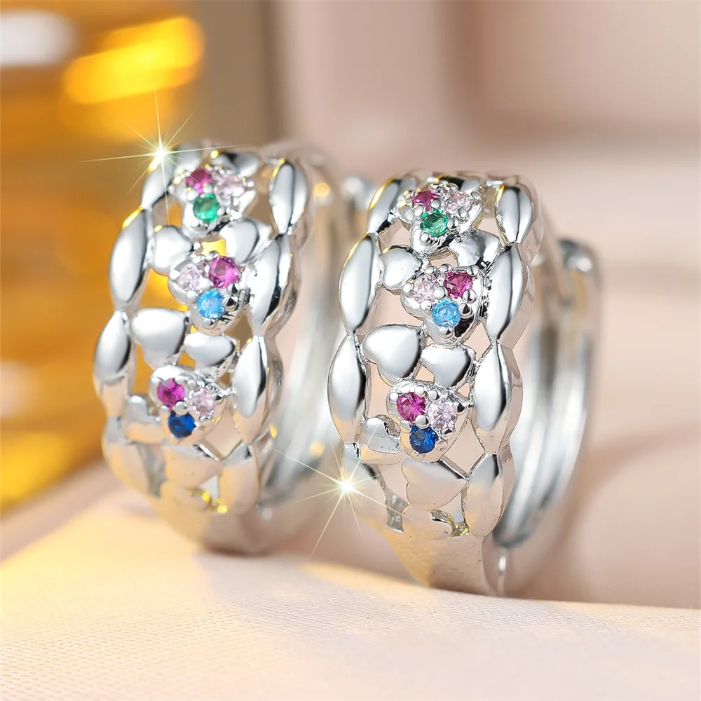 Vintage Hollow Rainbow Crystal Zircon Hoop Earrings For Women Fashion Gold Silver Color Ear Buckle Wedding Jewelry Bridal Gifts