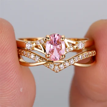 2pcs Oval Stone Elegant Pink Zircon Ring Sets For Women Vintage Gold Color Engagement Bands Wedding Jewelry Set Versatile Gifts