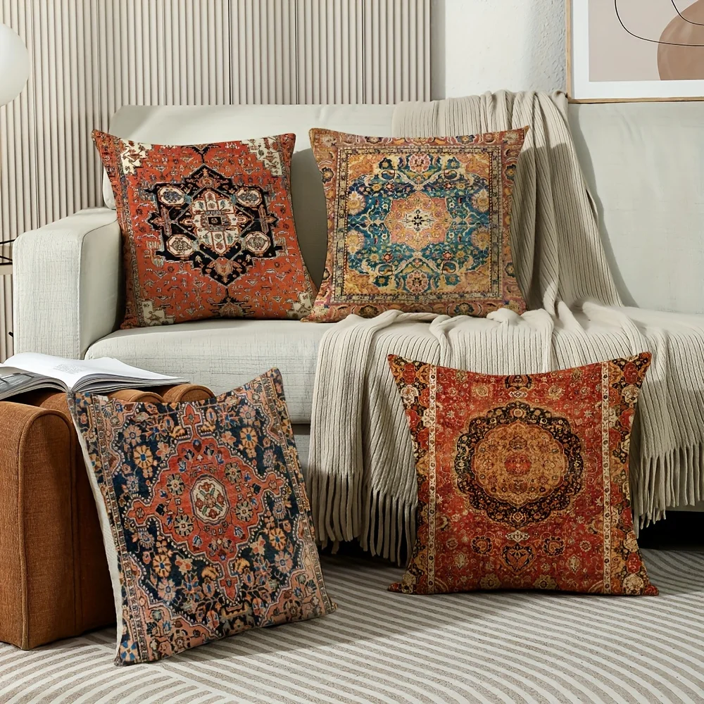 4PCS  Pillow Covers 18x18 Inch, Carpet Pattern Throw Pillows Case, Orange Red Ethnic Design Outdoor Decorative Square Linen Farm 4