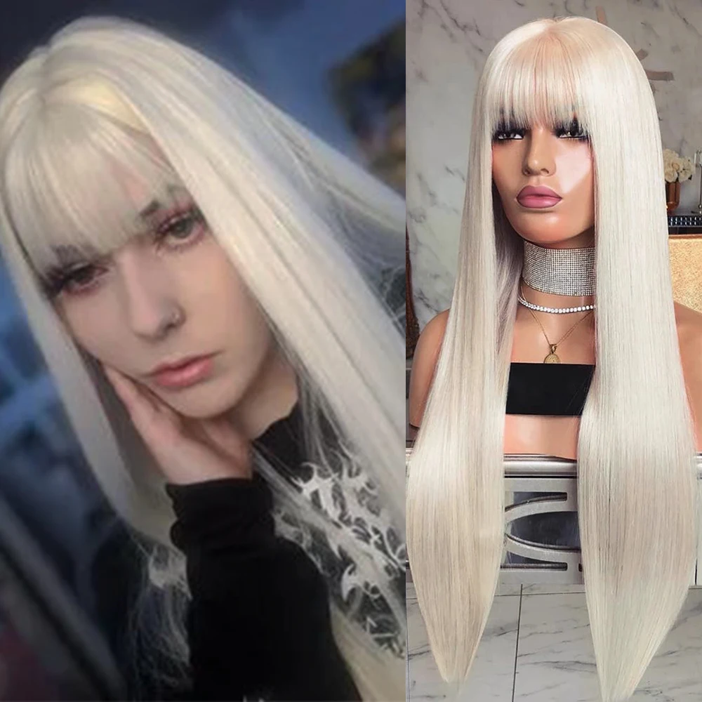 

RONGDUOYI Blonde Silk Long Straight Synthetic Lace Front Wig with Bangs #60 Blonde Hair Heat Resistant Fiber Cosplay Makeup Wigs