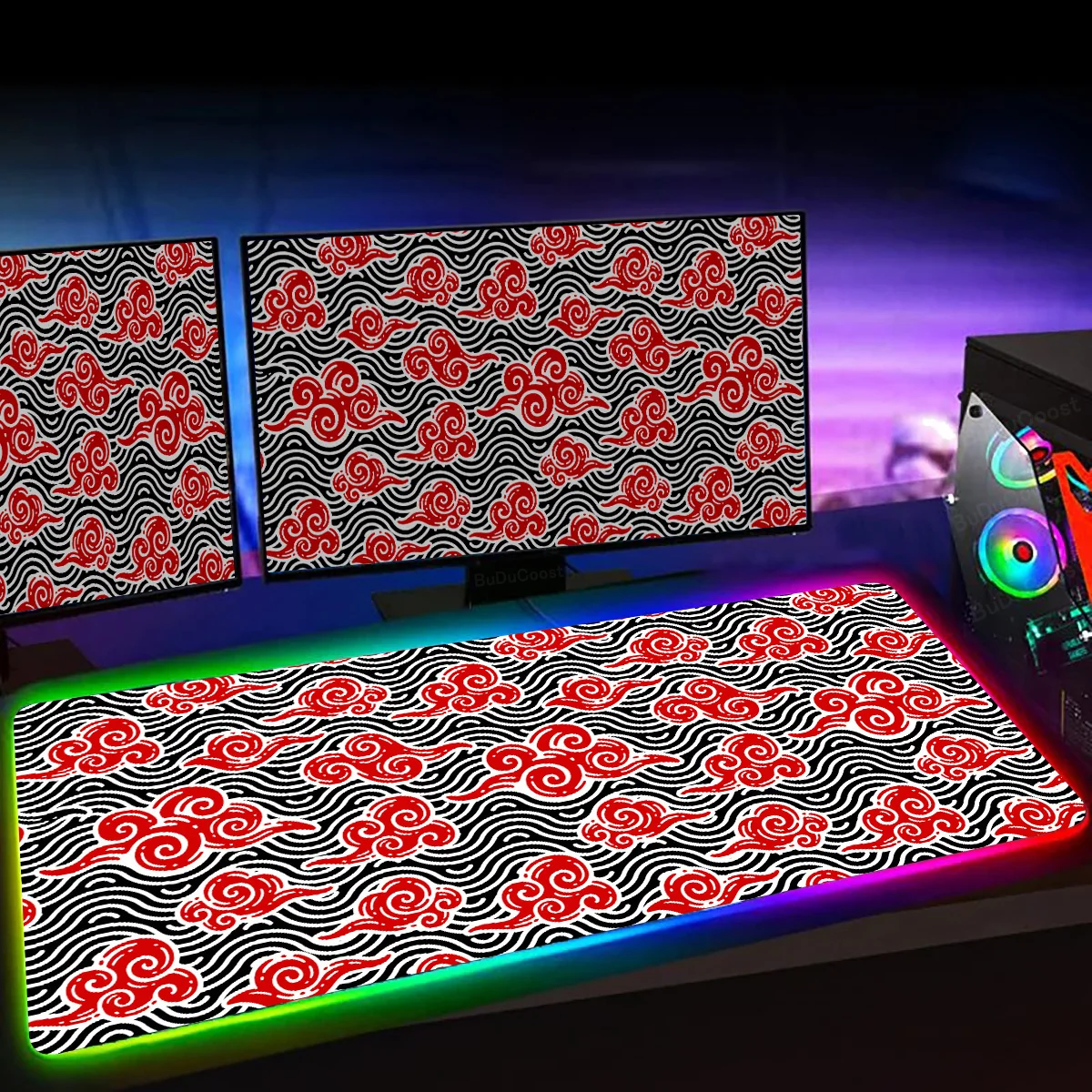Colorful Glow RGB Mousepad with LED Backlight - Black & Red Cloud Kawaii Non-slip Desk Mat 40x90cm