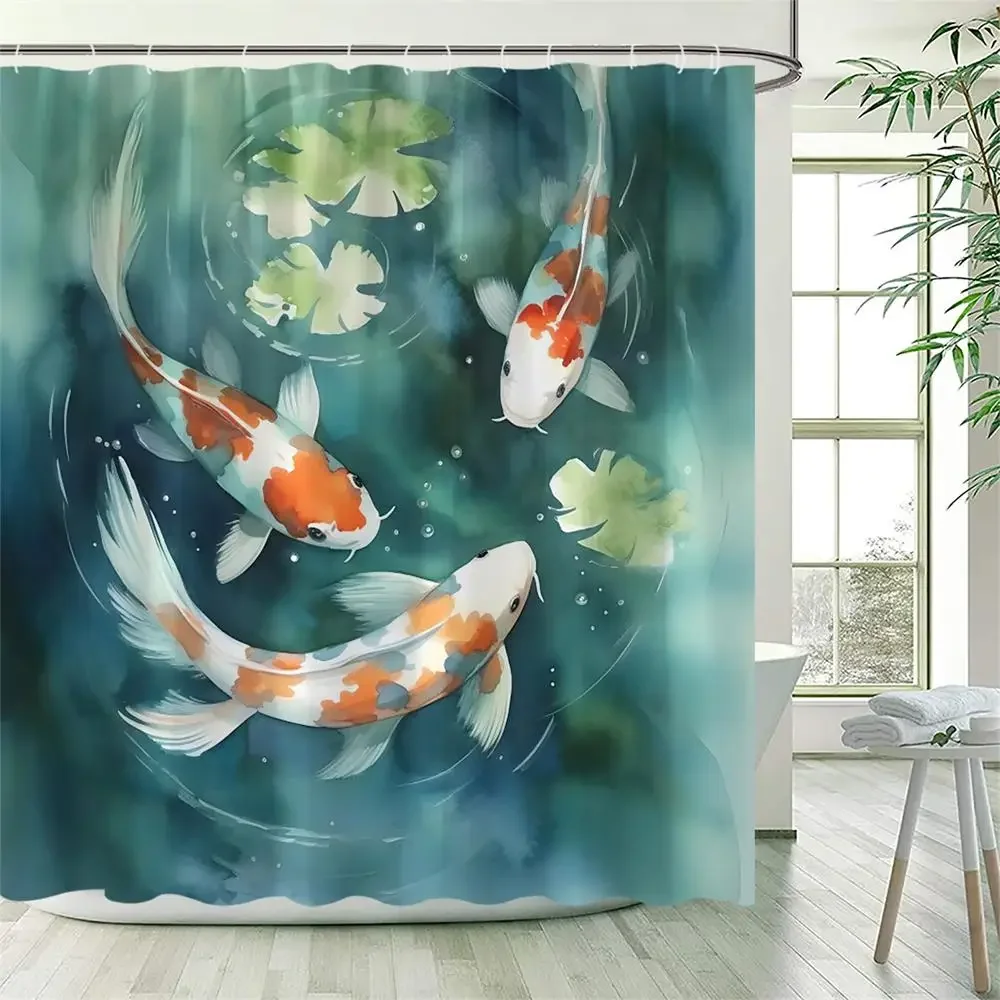 Japanese Style Shower Curtains Green Bamboo Koi Carp Tropical Cactus Mountain Water Landscape Fabric Bathroom Decor with Hooks 2
