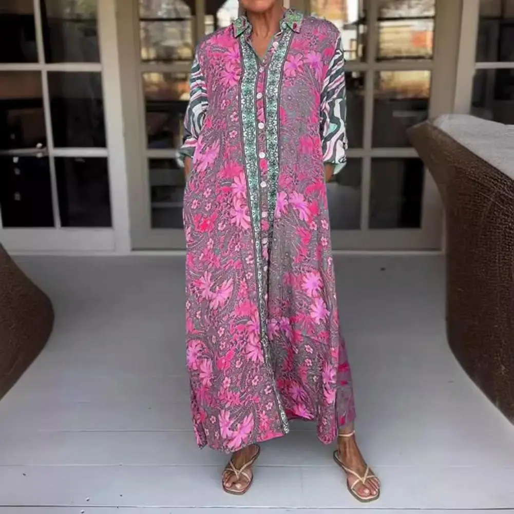 Mid-length Dress Colorful Print Maxi Dress with Side Pocket Split Hem for Women Plus Size Loose Fit Long Sleeves Autumn Spring