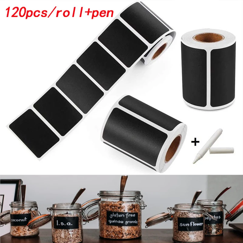 120pcs Black Chalkboard Labels Label Sticker Roll with White Chalk Marker Reusable and Waterproof Chalk Labels Adhesive Sticker