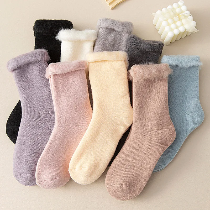 

Women Cashmere Socks Winter Thickened Warm and Cold Resistant Medium Tube Socks Solid Color Simple Sleep Floor Socks Calcetines