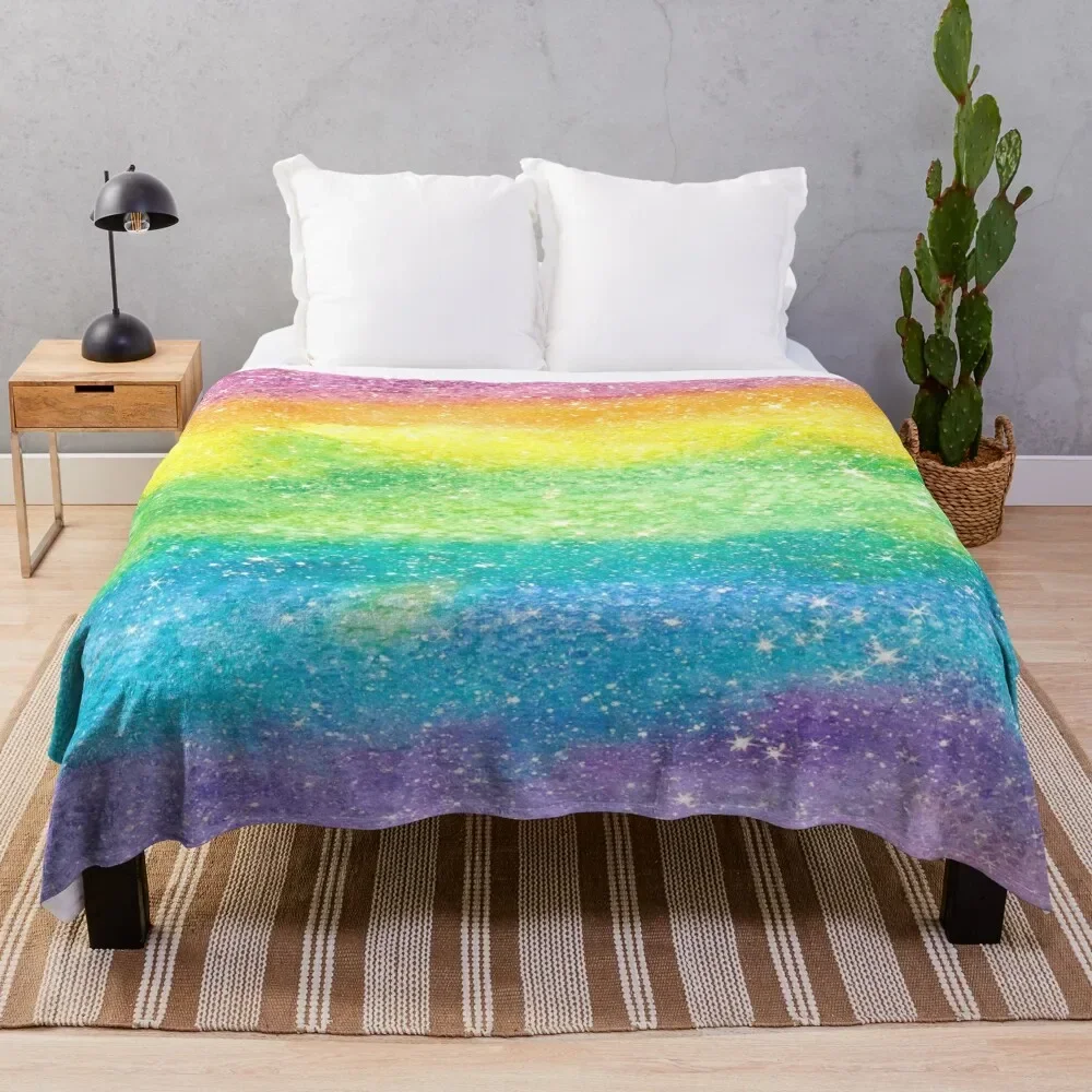 

Glitter Rainbow Throw Blanket Fluffy Shaggy Dorm Room Essentials Warm Furrys Blankets
